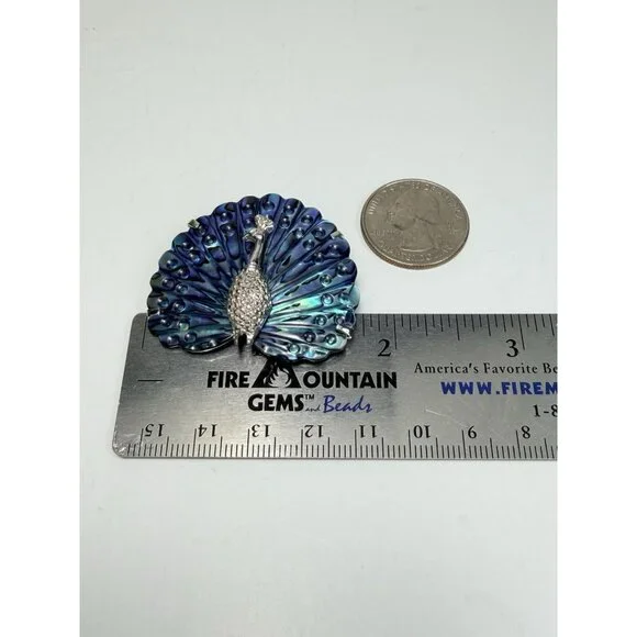 Vintage Peacock Brooch Abalone Shell Silver Tone Rhinestone Statement - Picture 4 of 5